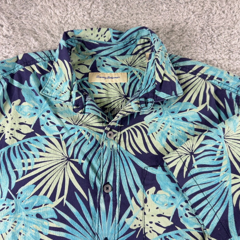 Tommy Bahama Mens M Blue Green Tropical Palm Monstera Leaf Cotton Button Shirt